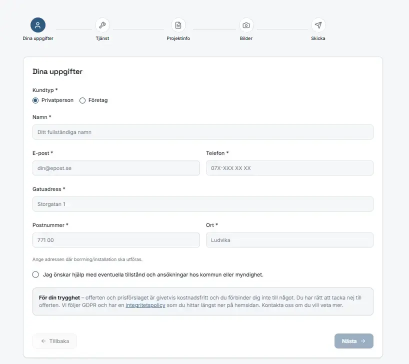 Offertformulär steg 1 – kunden fyller i kontaktuppgifter
