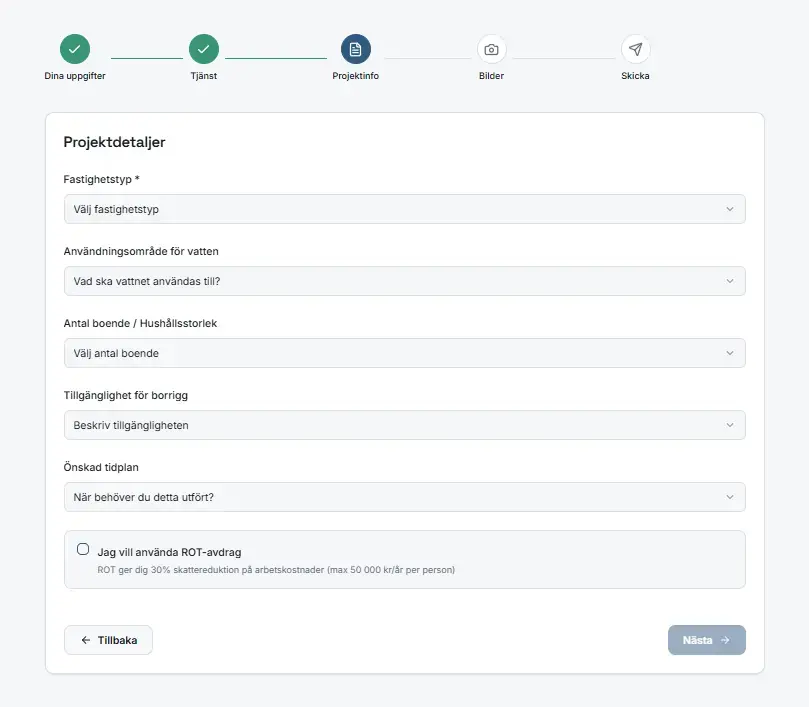 Offertformulär steg 2 – kunden beskriver projektdetaljer