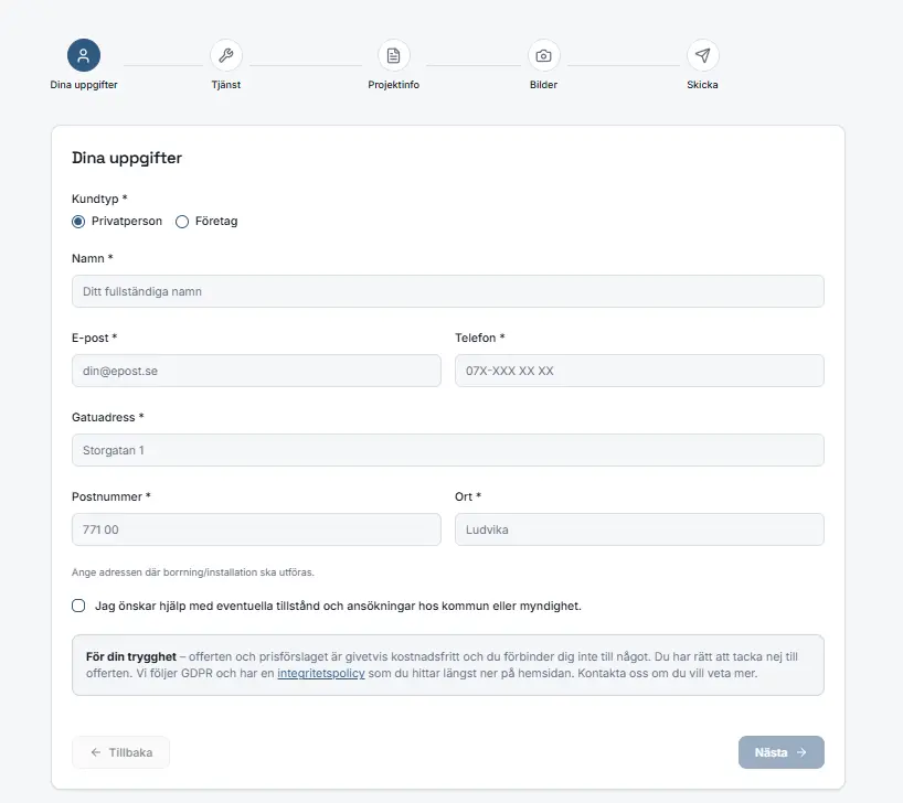 Flöde för digital offert där kunden fyller i namn, adress och kontaktuppgifter steg för steg